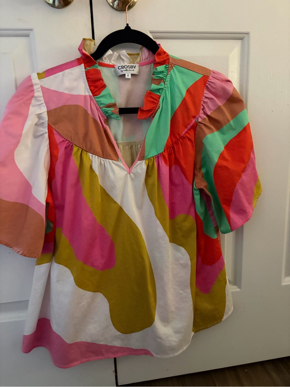 CROSBY by Mollie Burch Multicolor Ruffle V-Neck Poplin Tunic